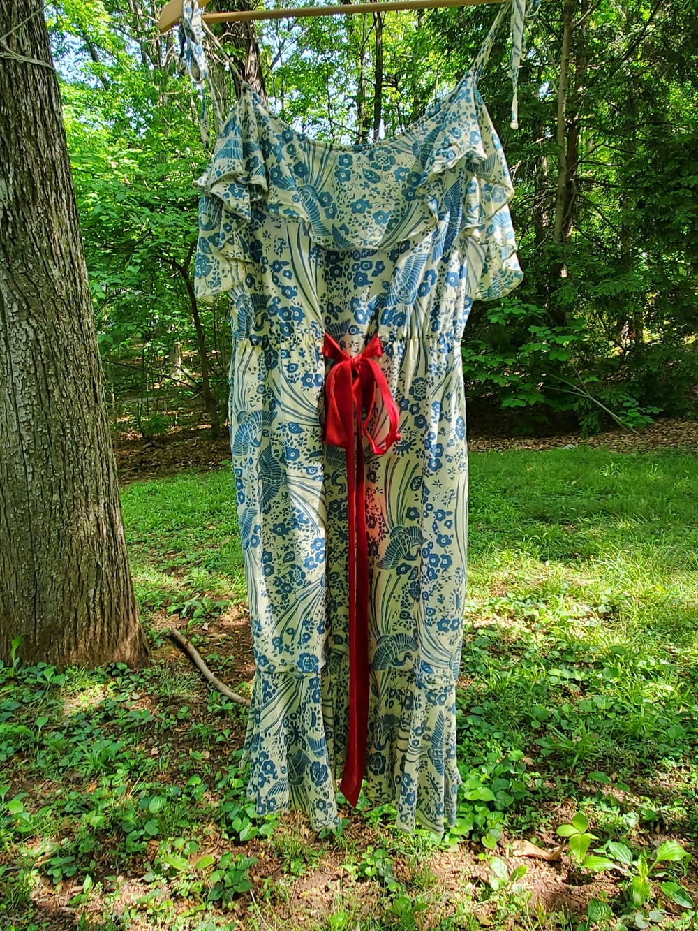 ANTHROPOLOGIE Midi Sundress Flutter Neckline Floral A-Line Ruffle Blue & Cream - Picture 14 of 15
